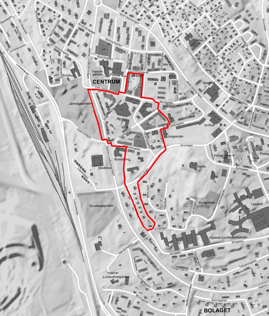 8 PLANDATA LÄGE, AREAL OCH MARKFÖRHÅLLANDEN Planområdet är beläget i Kiruna tätort, öster om gruvområdet, gruvstadspark 1 och gruvstadspark 2 etapp 1.