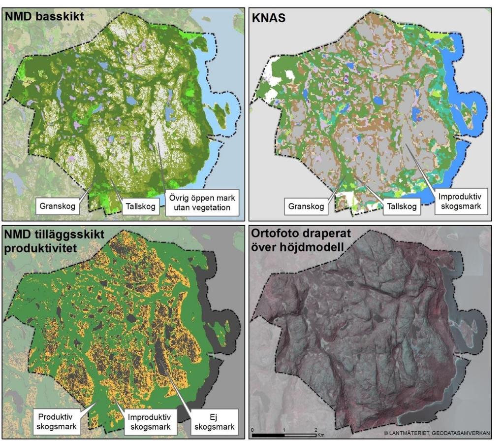 6 Karta 1. Skuleskogens nationalpark. Kartan ovan visar Skuleskogen ett hällmarksområde som i KNAS är improduktiv skogsmark, medan det i NMD inte är skogsmark, utan övrig öppen mark utan vegetation.