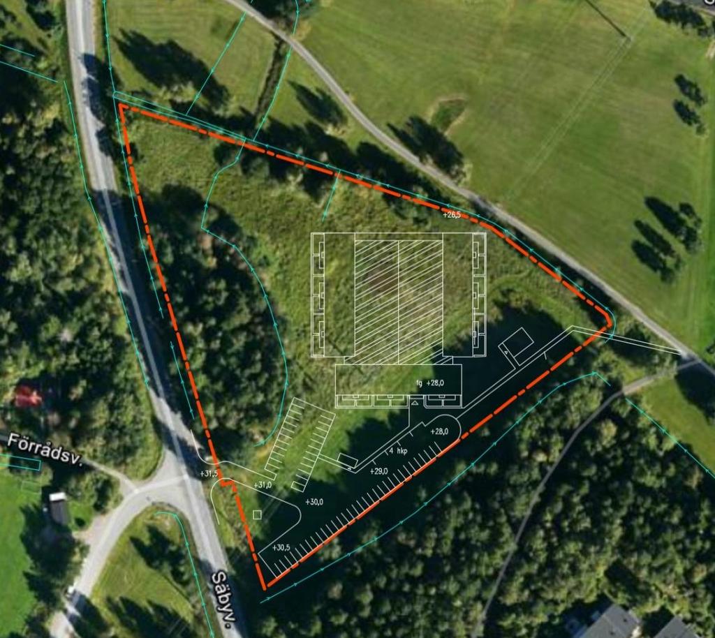 Figur 1 Planområdet (röd streckat) med ny