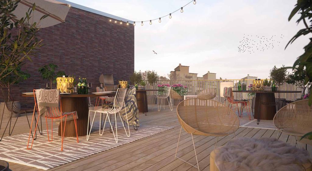 Den gemensamma innergården med strålande kvällssol blir husets sociala hjärta tillsammans med takterrassen.