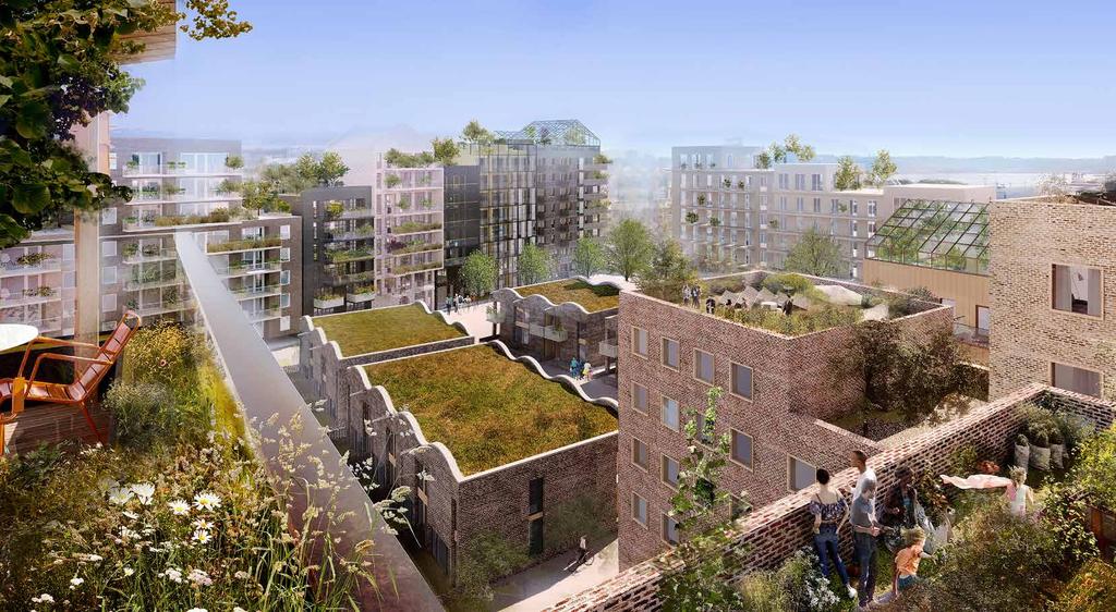 SOLCELLER, SEDUMTAK OCH KLÄTTERVÄXTER Platform West kommer att bli ett grönt kvarter på många sätt, med allt från avfallshantering, solceller och klätterväxter på fasaden till sedumtak