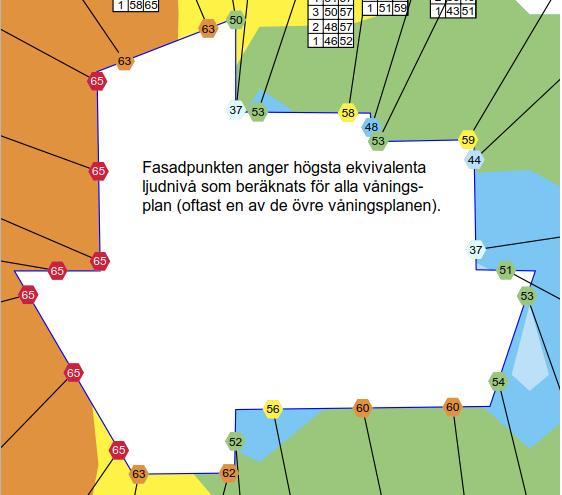 Figur 1. Urklipp från bilaga AK01. Högsta ekvivalenta ljudnivå vid fasad. Uppdrag: 286370, Grunnan 2, Skellefteå.