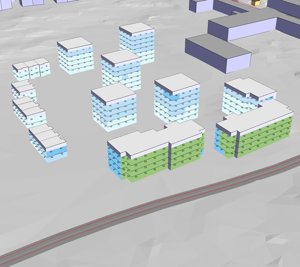 BERÄKNAD LJUDUTBREDNING Beräknade ljudnivåer från vägtrafik 3D-vy från öst EKVIVALENT LJUDNIVÅ Frifältsvärden vid fasad < - - - - - 65 65-70 70-75 >= 75