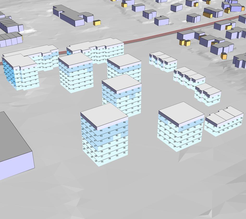 BERÄKNAD LJUDUTBREDNING Beräknade ljudnivåer från vägtrafik 3D-vy från väst EKVIVALENT LJUDNIVÅ Frifältsvärden vid fasad < - - - - - 65 65-70 70-75 >= 75