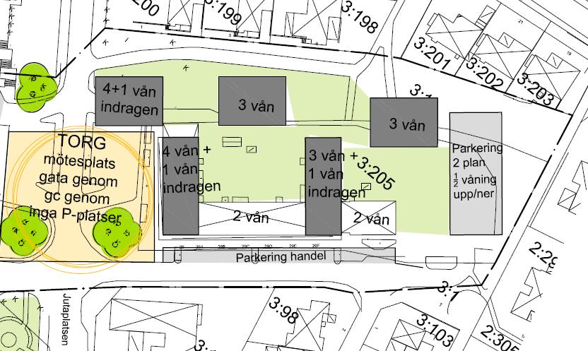 Aktuellt mråde (Hitta.se). 2 Planerade byggnader Inm mrådet planeras tre stycken nya punkthus med 3 till 4 våningar (utan källare) ch i öster ett parkeringshus i två plan.