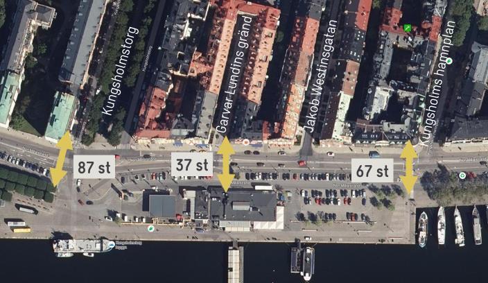 Övergångsstället vid Kungsholms hamnplan är placerat väster om korsningen och är signalreglerat, medan korsningen i övrigt regleras med väjningsplikt.