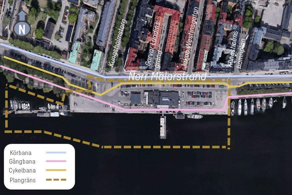 Figur 1. Bilden illustrerar planområdet, viktiga stråk samt anslutande gator mot Norr Mälarstrand.