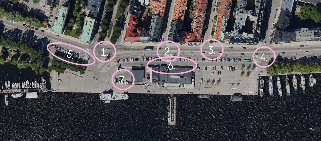 Figur 2. Bilden visar en översikt över planområde och platser som ingår i trafikutredningen. I trafikutredningen ingår följande moment med tillhörande numrering som i Figur 2: 1.