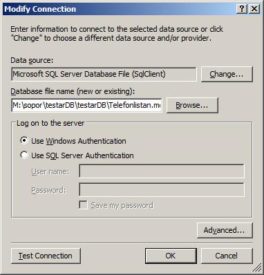 Ansluta till en databas-fil Databasfiler En redan existerande databasfil kopieras in till Visual Studio-projektet genom att välja i menyn Project välja; Add Existing Item, som filtyp välj Data files