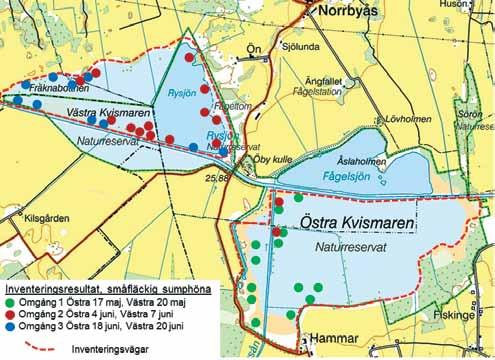 Figur 1. Karta över Östra och Västra Kvismaren med inventerarens vägval markerat.