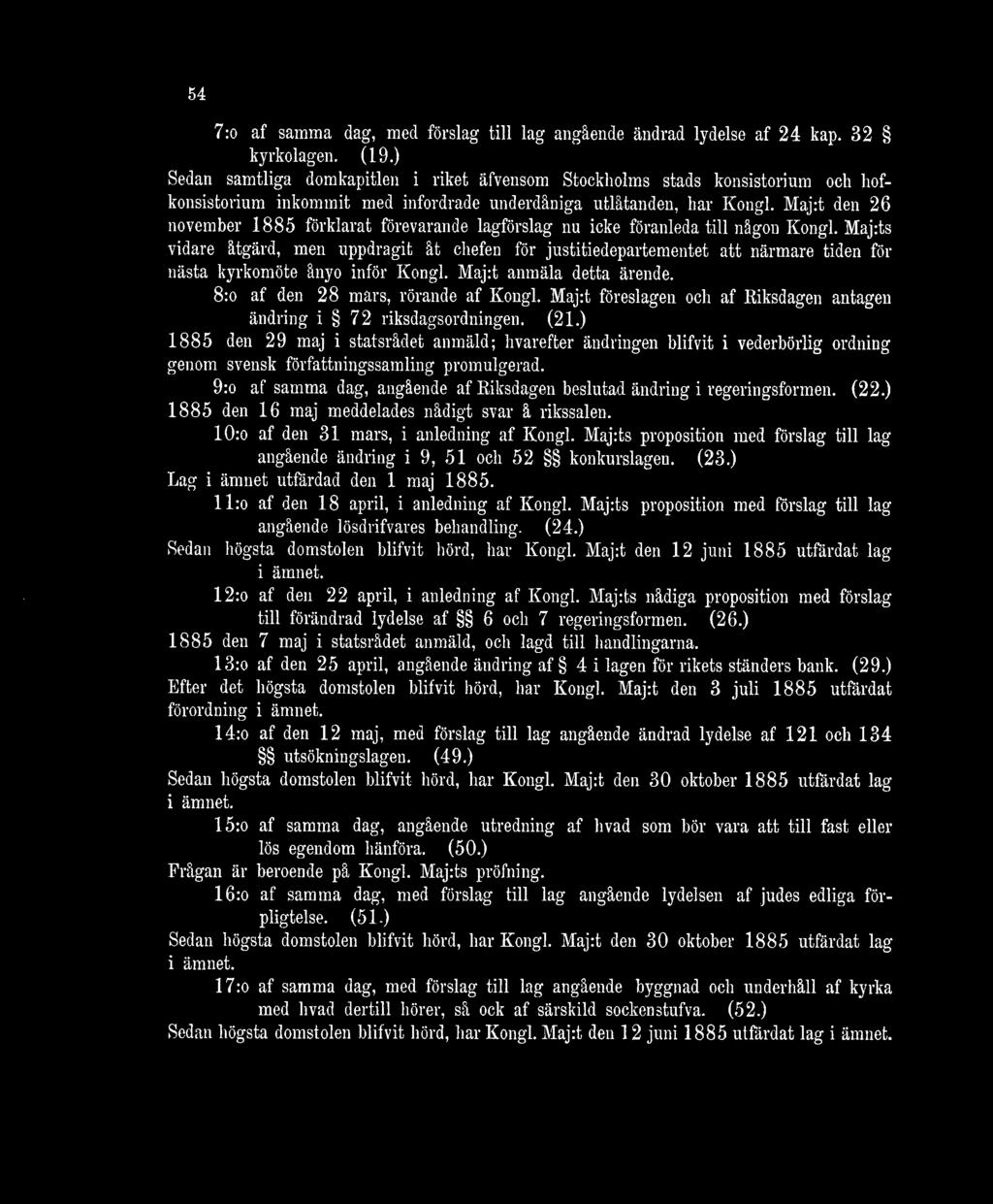 Maj:t den 26 november 1885 förklarat förevarande lagförslag nu icke föranleda till någon Kongl.