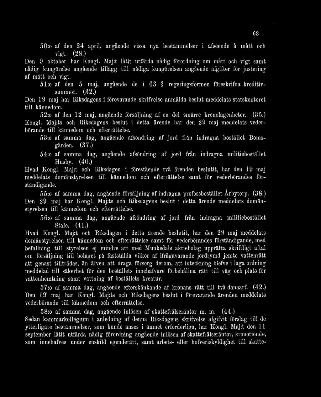 51:o af den 5 maj, angående de i 63 regeringsformen föreskrifna kreditivsummor. (32.) Den 19 maj har Riksdagens i förevarande skrifvelse anmälda beslut meddelats statskontoret till kännedom.