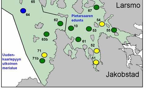 Klassificeringen av provtagningsplatserna för bottenfaunan på basen av medianerna för BBI- och ELS-indexen i vattenformationerna Jakobstads havsområde, Kallan och Larsmo skärgård.