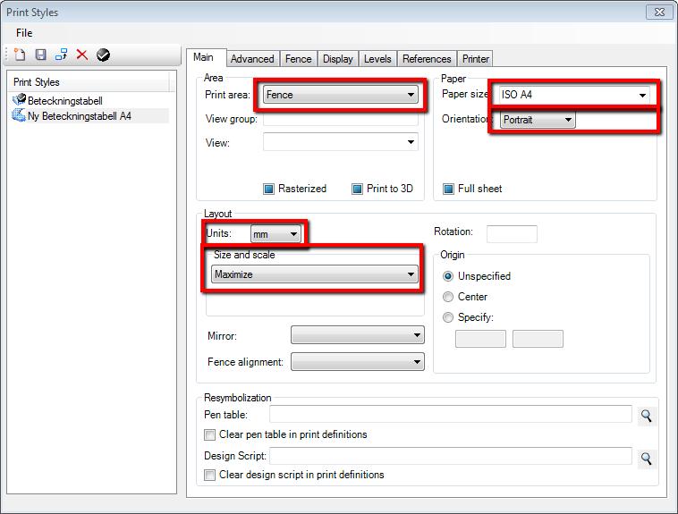 MAIN I bilden nedan har de val som gjorts markerats. Vi har sagt att vi vill skriva ut innehållet inom ett fence i stående A4-format.