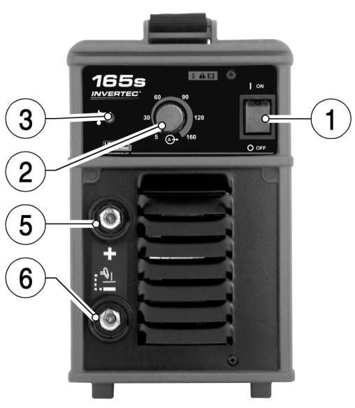 Justera svetsströmmen med ampereväljaren (Ref. 2 - Bild 1 Sida 6.). 5. Tryck på den upplysta knappen för att slå på strömkällan (Ref. 1 - Bild 1 Sida 6.). Funktioner Frontpanel Bild 1 NOTERA Allvarlig skada på utrustningen kan resultera i att strömkällan stängs av under svetsningen.