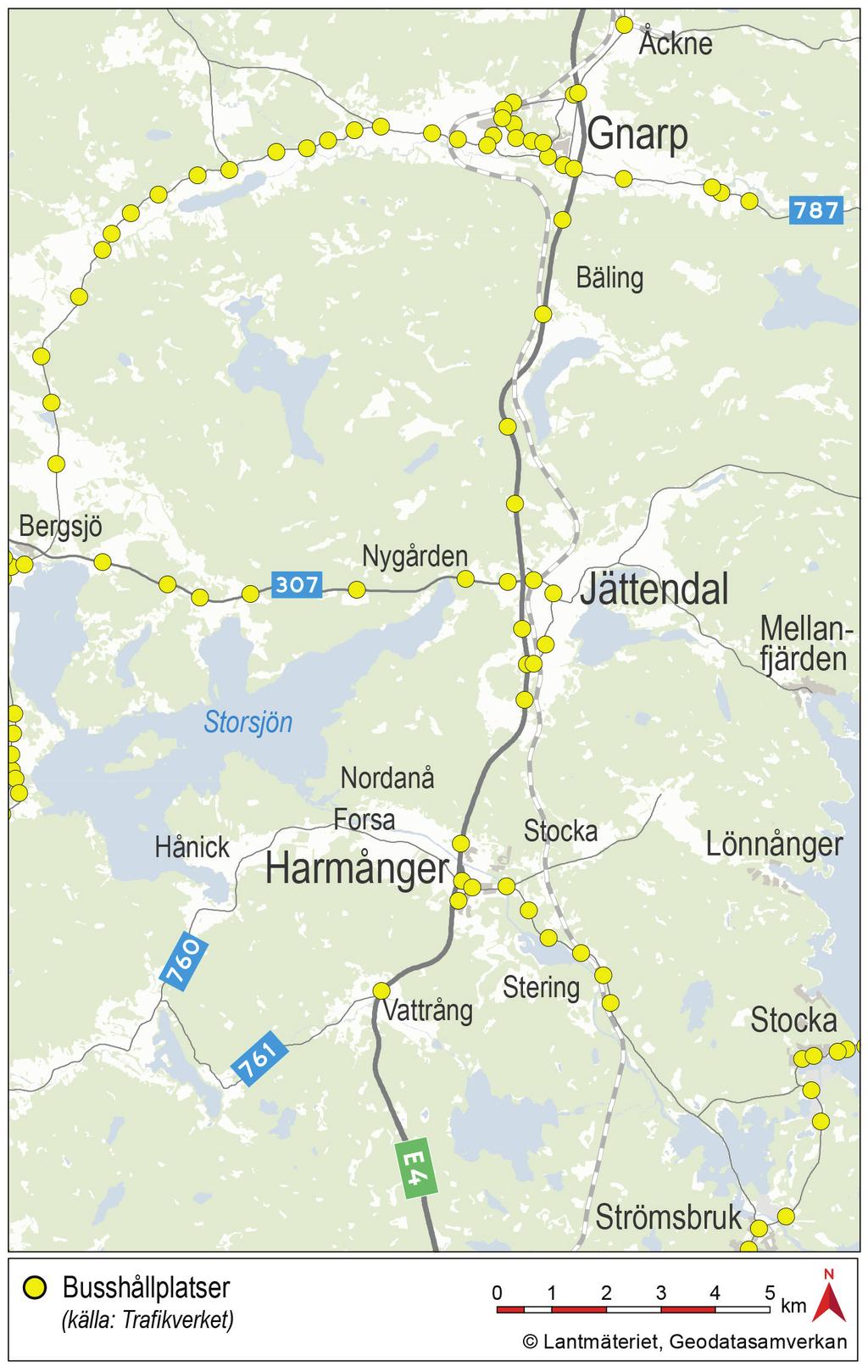 4.. Kollektivtrafik Befintlig E4-sträckning trafikeras av både kollektivtrafikens lokal- och fjärrbussar. Hållplatser (Hpl) finns lokaliserade i berörda tätorter och samhällen samt mellan dem.