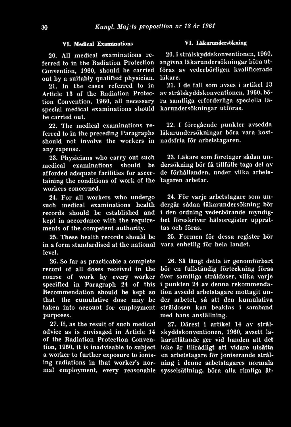 In the cases referred to in Article 13 of the Radiation Protection Convention, 1960, all necessary special medical examinations should be carried out. 22.
