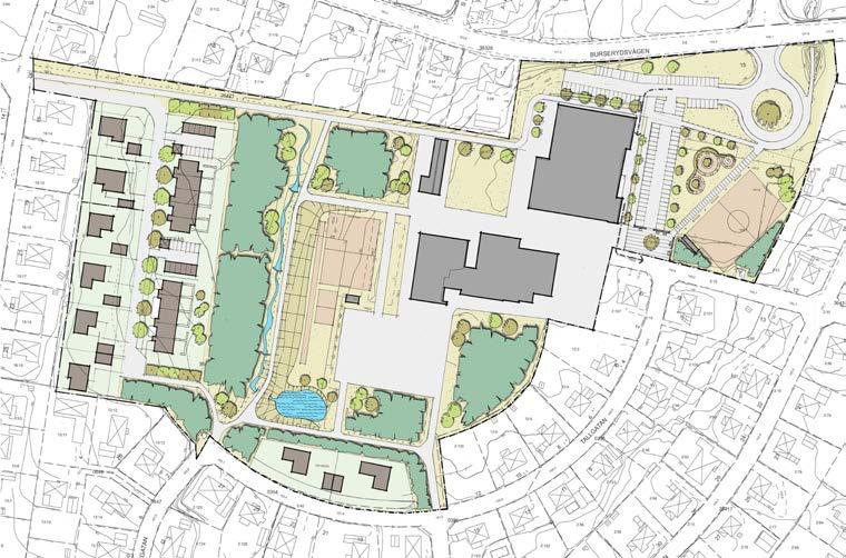 EFTER Aveboksgata Illustratioskiss över plaområdet. Alterativ med ca 13 villatomter.
