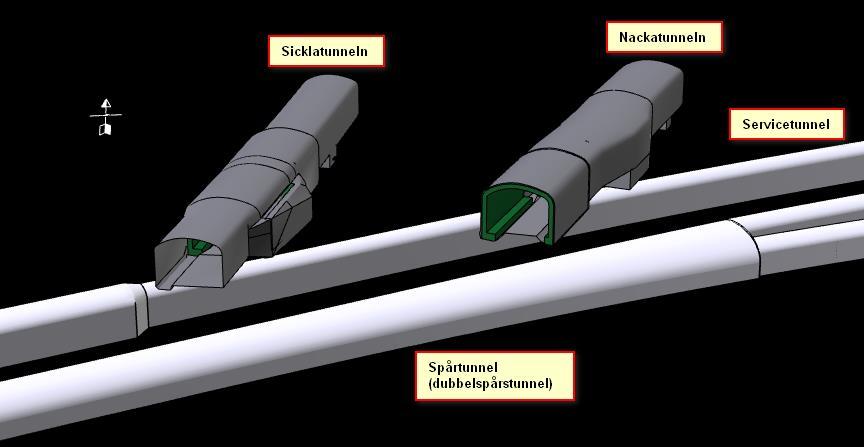 3.2 Södra länken, Sickla Fel! Hittar inte referenskälla. nedan visar 3D korsningspunkten mellan den nya tunnelbanan (ljusgrå färg) och Södra länkens tunnlar (Mörkgrå färg).