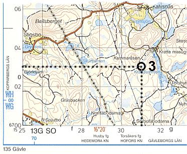 linje i rutnätet. Delningen är här 2 km, i t.ex. Terrängkartan (Gröna) är rutorna 1 km.