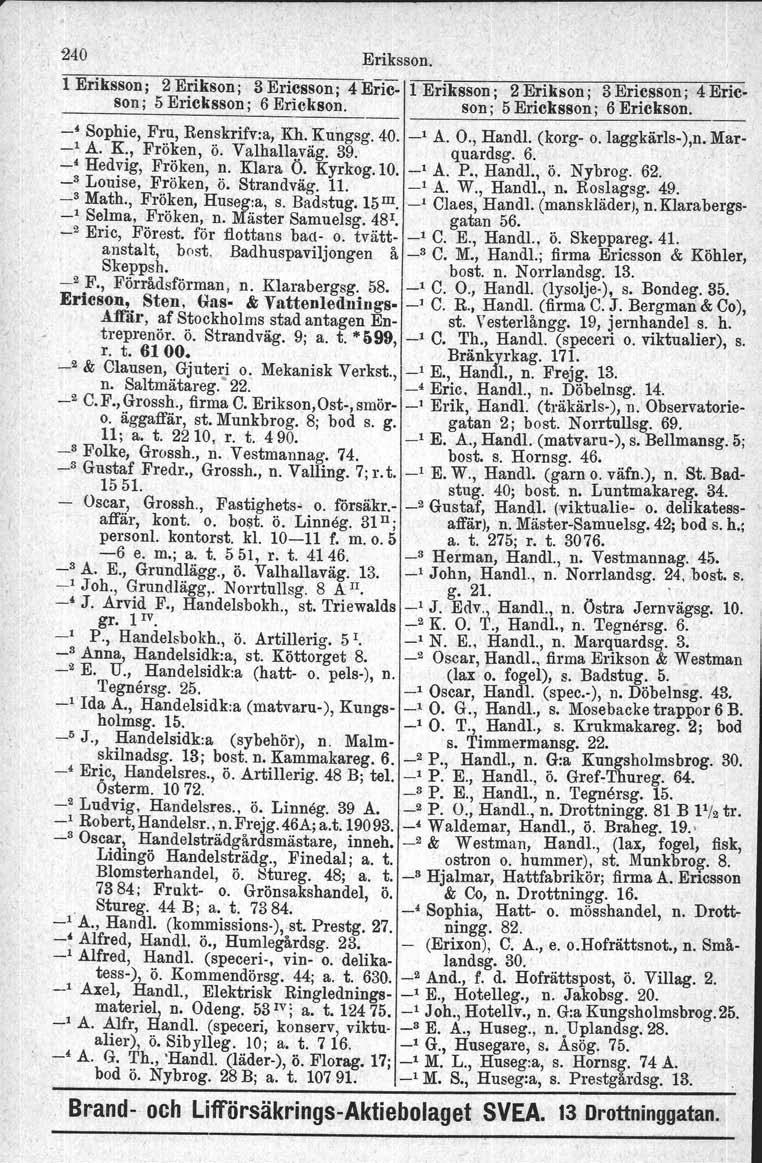 240 Eriksson. 1 Eriksson; 2 Erikson ; 3 Ericsson; 4 Eric:. 1 Eriksson; 2 Erikson ; 3 Ericsson; 4 Ericson; 5 Ericksson; 6 Erickson. son; 5 Ericksson; 6 Erickson. ' Sophie, Fru, Renskrifv:a, Kh. Kungsg.