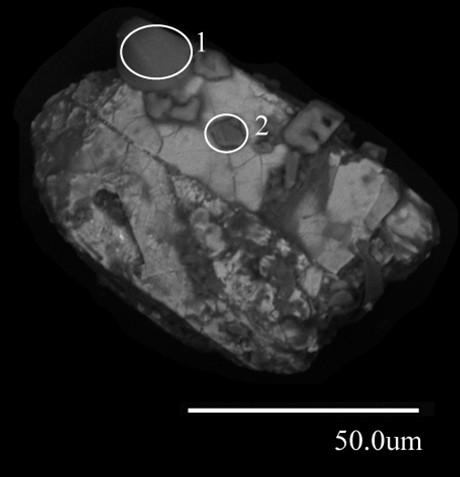 Fig. 6 & 7 Ovan är exempel på zirkoner som hittades i graniten. Kemiska analysområden är markerat med vitt. det som finns kvar är ena kanten av en större zirkonkristall.