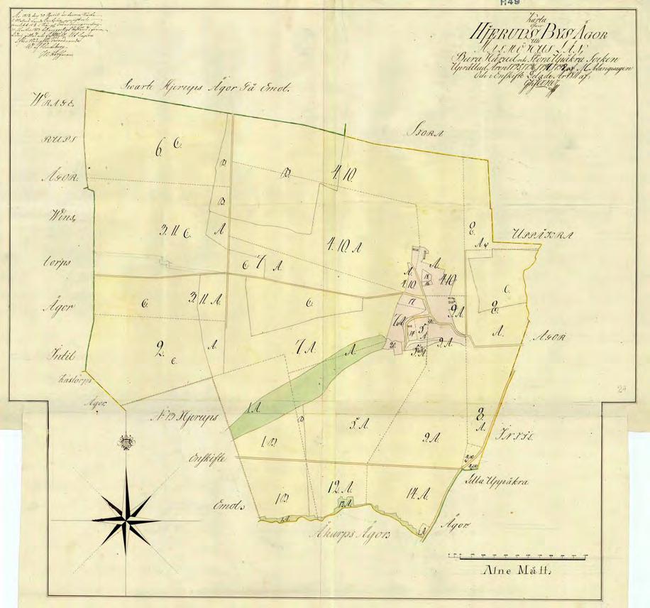 Fig. 4. Hjärups bymarker efter enskiftet 1811. Jorden har fördelats till de olika gårdarna i stora sammanhängande enheter. Originalkartan är i skala 1:4 000 och cirka 90 cm bred.