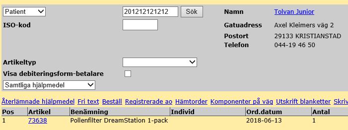 Patientens hjälpmedelslista Längst upp i huvudmenyn på högersidan finns ett alternativ som heter Hjälpmedel. Med det menas patient och visar patientens alla förskrivna hjälpmedel.