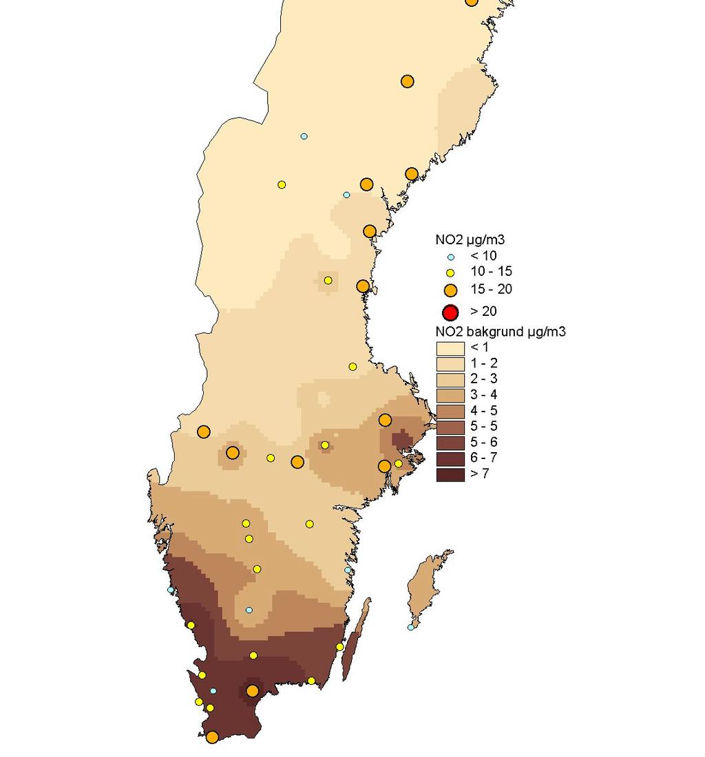 Figur 6.1 Vinterhalvårsmedelvärden av NO 2 i tätorters urbana bakgrund vinterhalvår 2003/04.