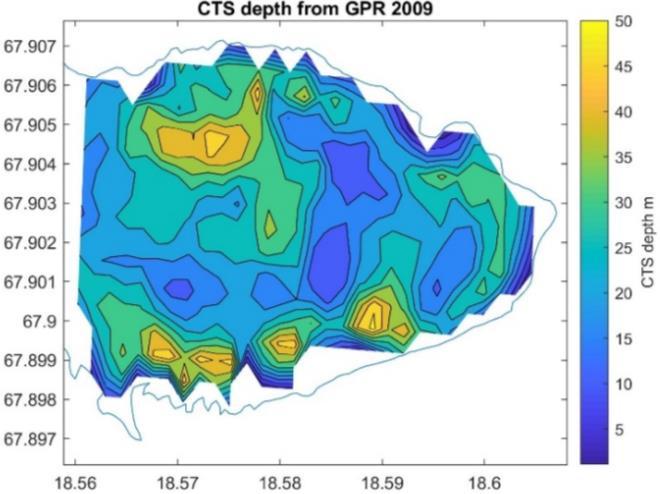 Table 1 Summary Table of Previous CTS Survey Year CTS depth (m) Min Mean Max 1989 23 38 64 2001 4 31 65 2009 1 25 59 Figure 4 Spatially interpolated CTS depth from GPR survey in 2009 (Gusmeroli et al.