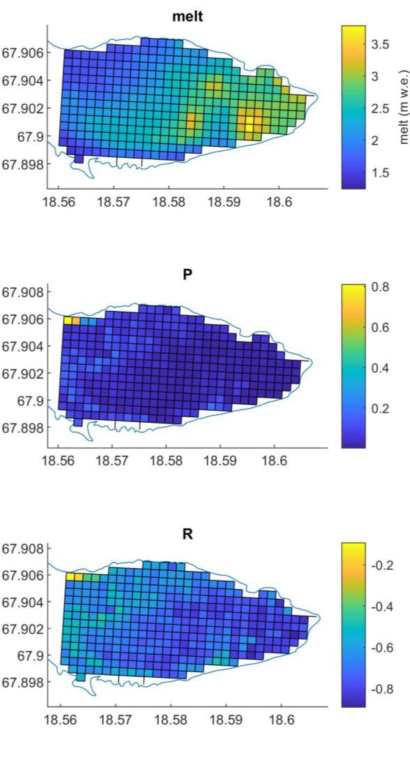 The majority of grid cells in the northwest part of the upper ablation area, along the southern margin had shown a strong correlation (R>0.