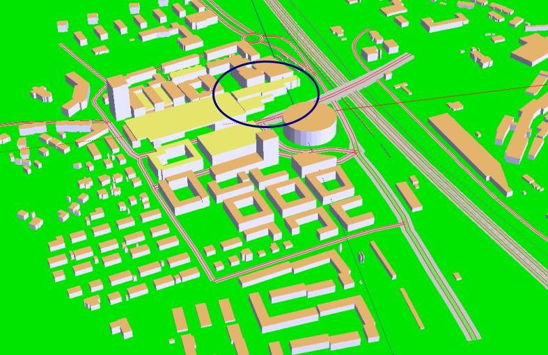 Figur 2 Urklipp från MISKAM. Vy över Mölndals centrum (Norconsult, 2017) I programmet beräknas först vindfältet bland bebyggelsen utifrån uppgifter om vindriktning och hastighet på högre höjd.