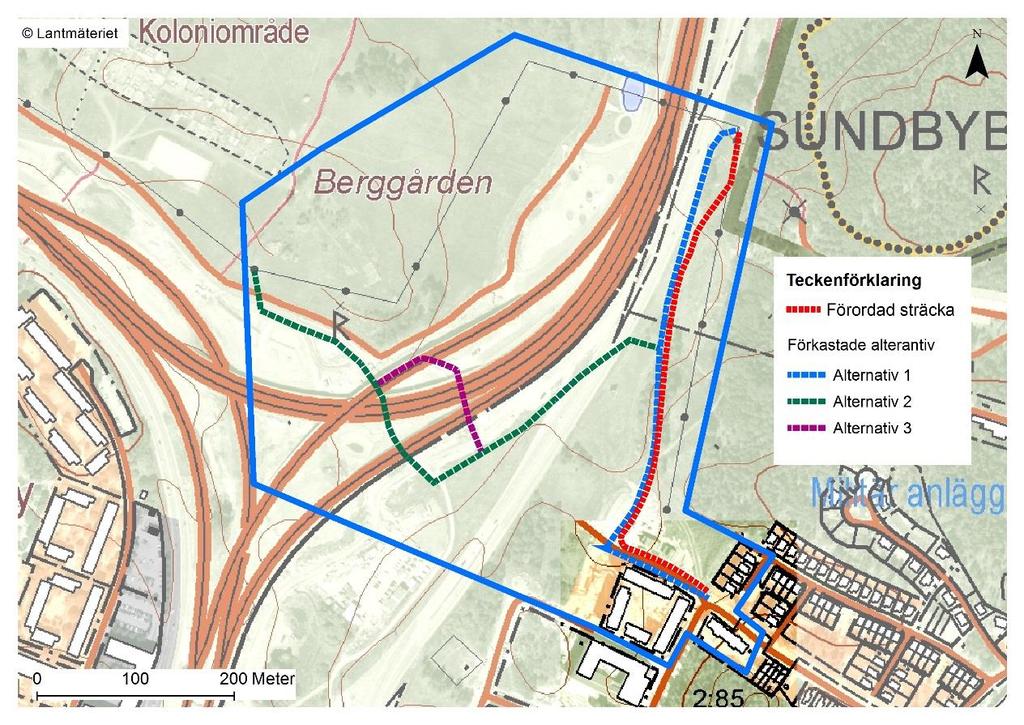 Figur 1. Geografisk avgränsning av samrådskrets, alternativ 1-3 i föreliggande samrådsunderlag samt förordat alternativ. Tabell 1. Samrådsparter i föreliggande samråd.