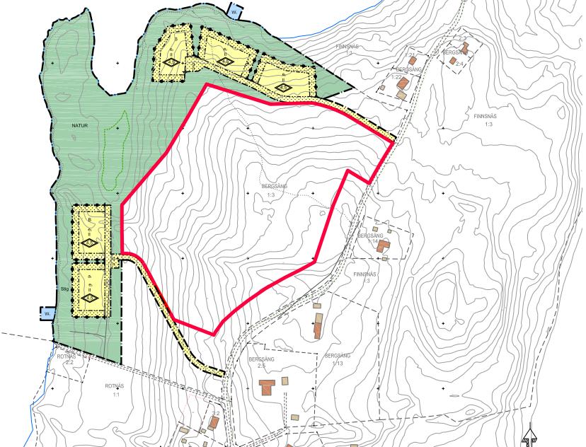 Figur 7 Planritning med inritat säkert område för brunnar, Rotnäs 3: