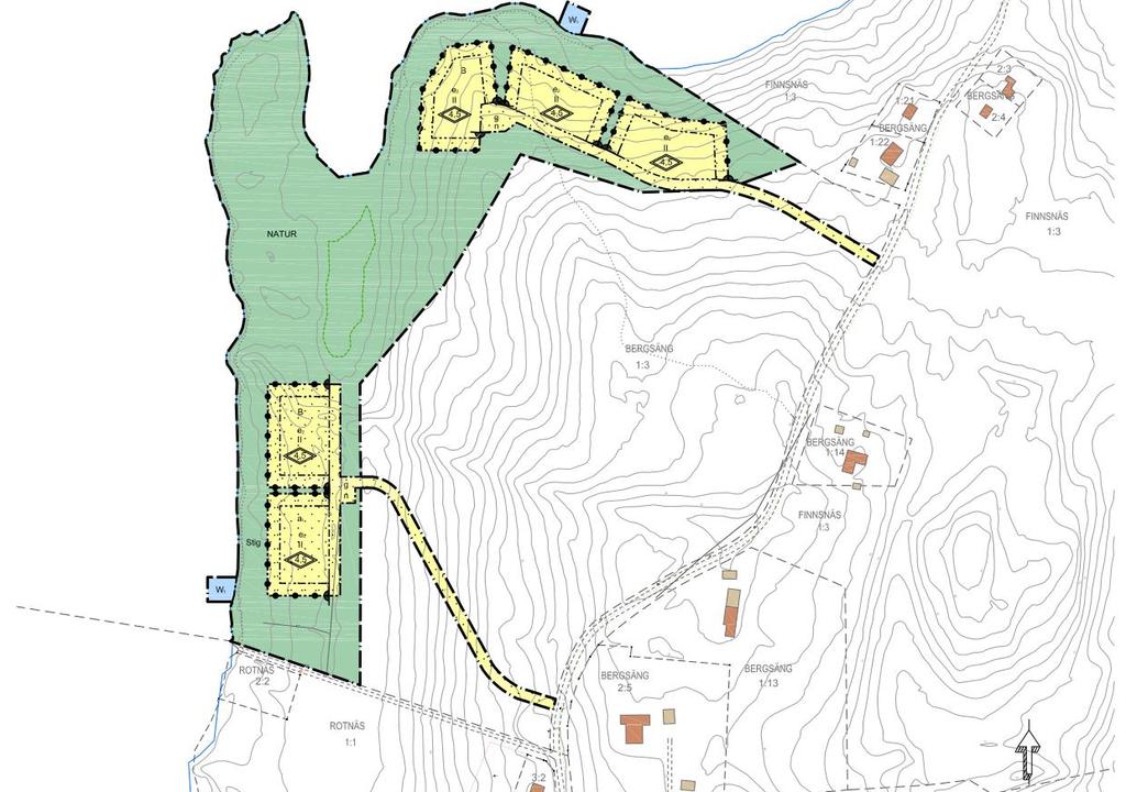 Figur 1 Planförslag Bergsäng 2.2 BEBYGGELSE OCH MARKANVÄNDNING Planområdet är cirka 10 hektar och ligger på fastighet Bergsäng 1:3 som är cirka 22 hektar.