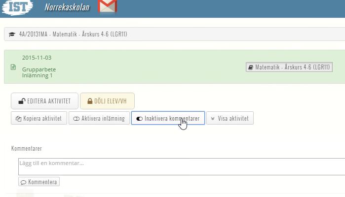 3.17 Aktivitetsforum/kommentar Om användaren har aktiverat Kommentarsfunktionen kan lärare och elev kan skriva kommentarer/frågor på en aktivitet genom att använda