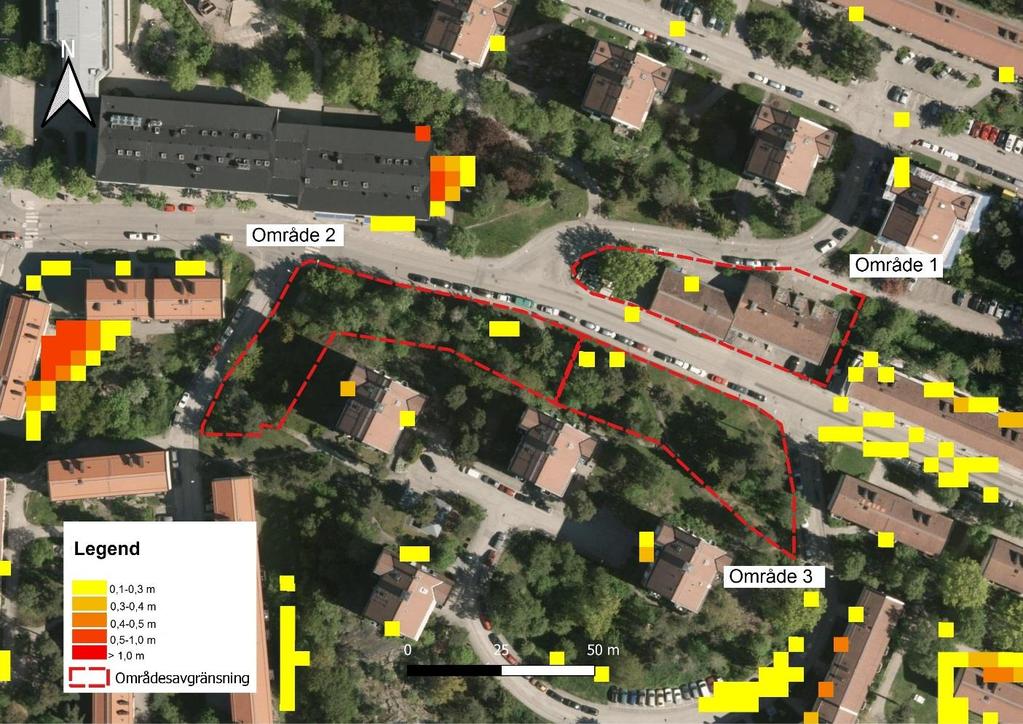 Figur 4 2. Maximala översvämningsdjup enligt Stockholms stads skyfallsmodellering 2018.