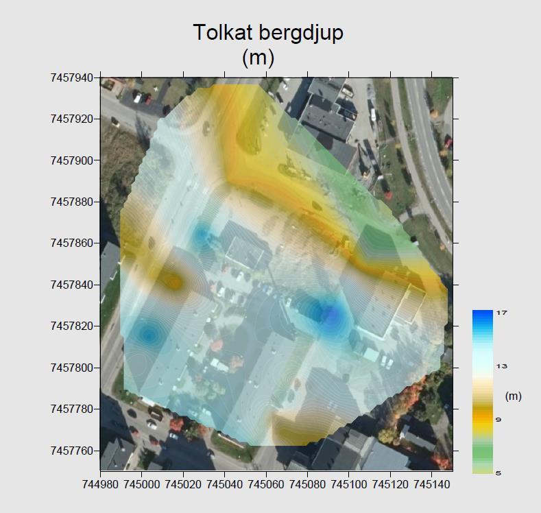 Figur 6: Resultat från resistivitetsmätningar, blå färg markerar det största avståndet till berg. 6.2 