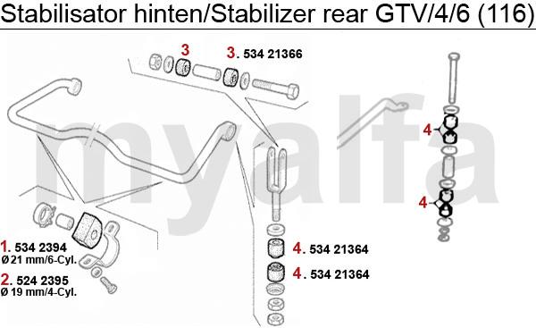 1 5342394 Stabilisatorgummi Hinterachse Alfetta,Giulietta,75 (21mm) 2 5242395 Stabilisatorgummi Hinterachse 75 1.6-1.