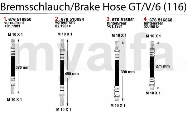 1 67616850 Bremsschlauch vorne Alfetta, Giulietta Bj. >04.83, GT/V/6 (116) Bj. >01.81 370 mm Länge 267,66 kr 2 67610084 Bremsschlauch vorne Alfetta 1.6/ 1.8/2.0/2.4TD,Giulietta 1.3/1.6/ 1.8/turbo/2.