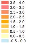 Den övre legenden tillhör kartorna till vänster och den undre kartan till höger. 2018 2069-2098, RCP4.