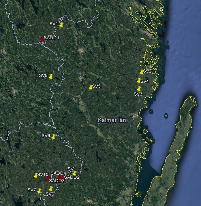Sveaskogs objekt fördelade sig med fler inlandsobjekt och en viss koncentration av de sådda objekten (Figur 2).