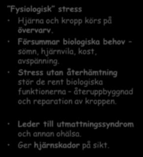 Fysiologisk stress Hjärna och kropp körs på övervarv. Försummar biologiska behov sömn, hjärnvila, kost, avspänning.