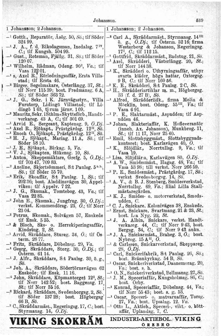 Johansson. 1 Johansson; 2 Johanson. l Gotth., Reparatör, hög. 50, So.; tlf Söder 324 99. l J. A., f. d. Riksdagsman, Inedalsg. 7IV, C.; tlf Kungsh. 50499. l Gust., Roteman, Fjiillg. 31, So.