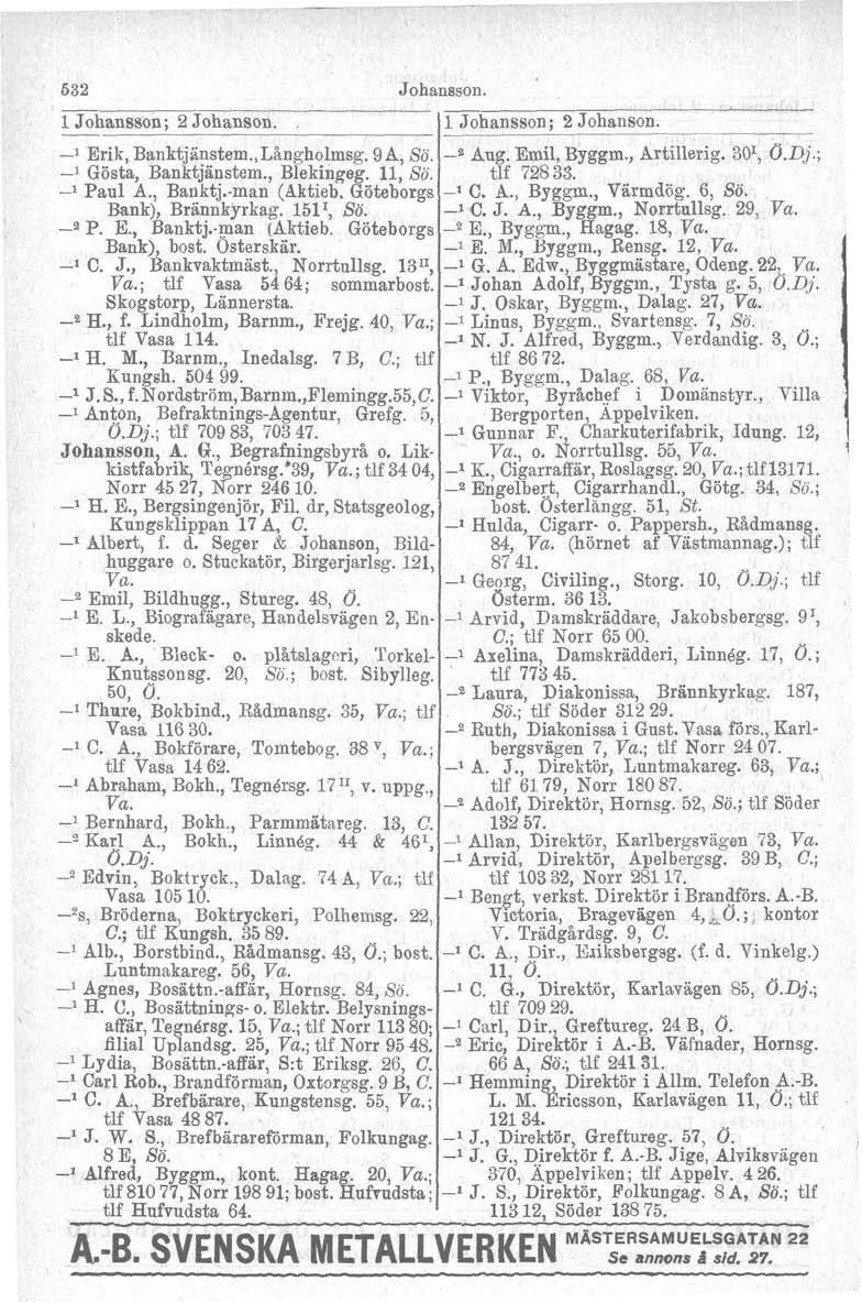 UUI 1 Johansson; 2 Johanson. Johansson. Erik, Banktjinstem.,LånghoImsg. 9 A, SO. l Gösta, Banktjanstem., Blekingeg. 11, Sö. l Paul A., Banktj.man (Aktieb. Göteborgs Bank), Briinnkyrkag. 1511, So. a P.