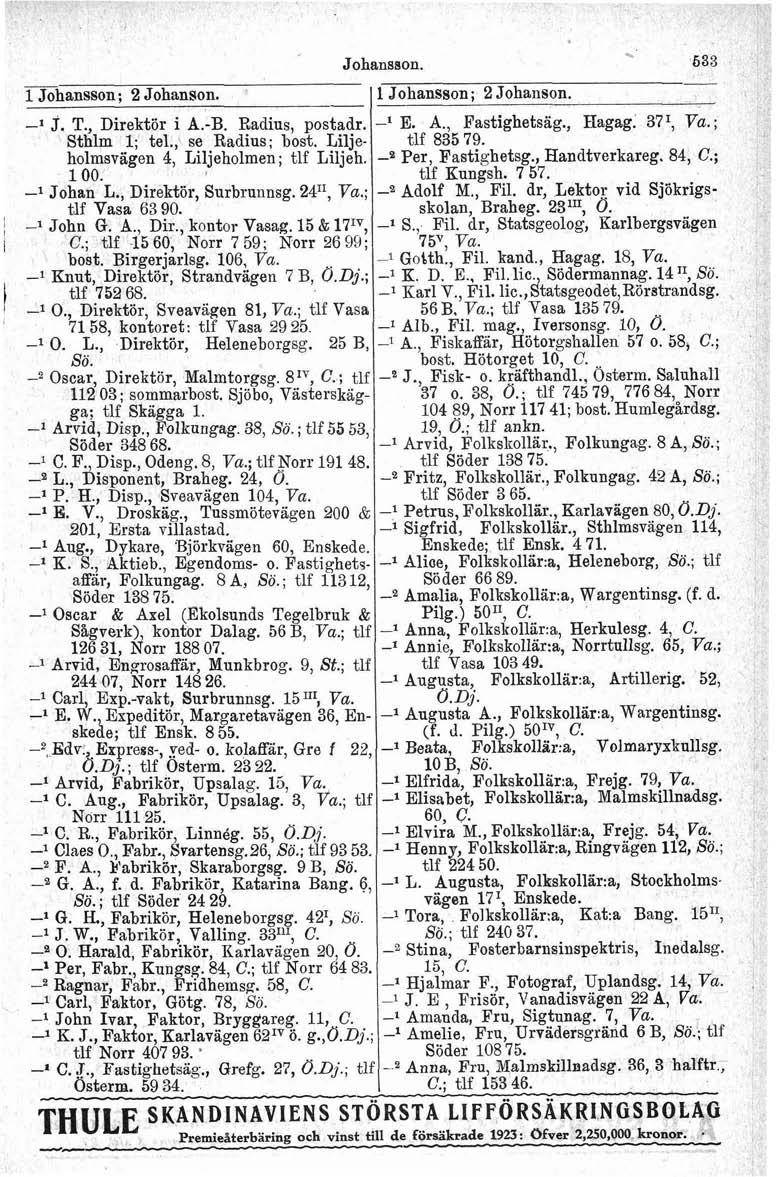 Johansson. 1 Johansson; 2 Johanson. I l Johansson; 2 Johanson. l J. T., Direktör i A.B. Radius, postadr. Sthlm 1; tel.; se Radius; bost. Liljeholmsvagen 4, Liljeholmen; tlf Liljeh. 100. l Johan L.