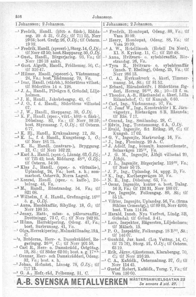 6 Johansson. 1 Johansson ; 2 Johanson. I l Johansson; 2 Johanson. l Fredrik, Handl. (rött o. fläsk), Riddareg. 29 & 31, 0.Dj.; tlf 711 53, Norr 2964; bost. Grefg; 26, O.Dj.; tlf Osterm.