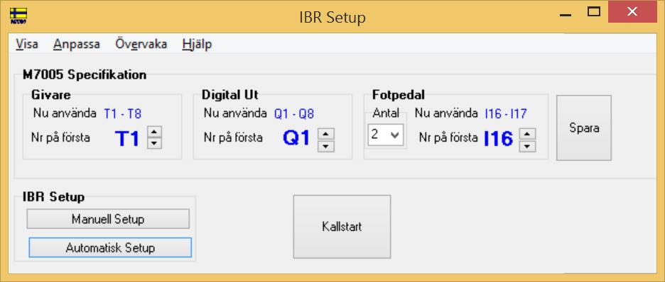 4 Exempel på IBR Setup fönstrets utseende efter avklarad setup, Är man nöjd med standardvärden som här är att IBR givarna 1 tom 8 skall ge sina värde till M7005:s givare T1 tom T8 och att M7005:s