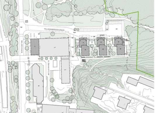SID 3 (6) Situationsplan, Svenska Bostäder och Nyréns arkitektkontor Förslag till ny bebyggelse Förslaget innehåller c:a 80 lägenheter, varav c:a 67 lägenheter i tre punkthus vid Helsingborgsvägen