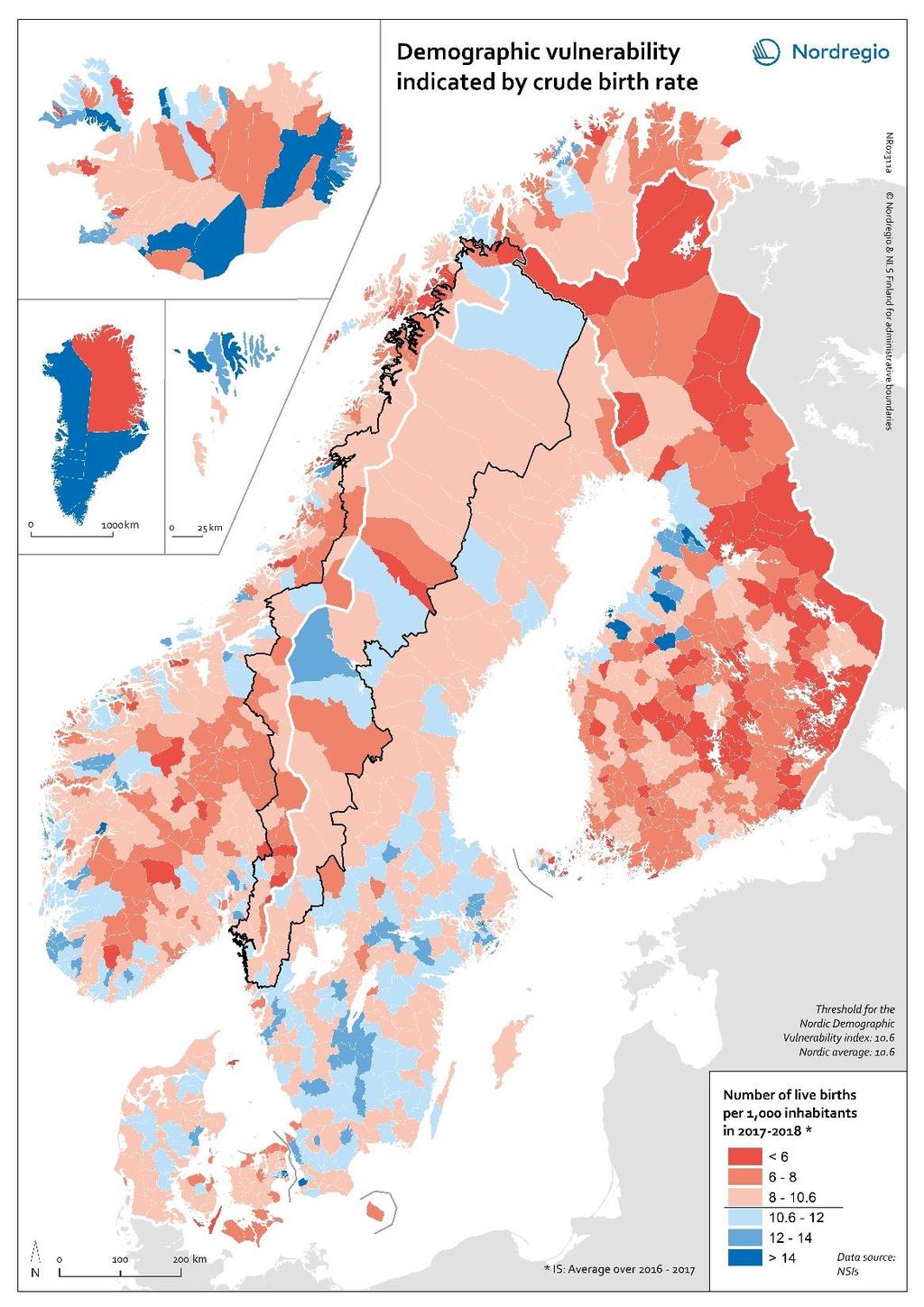 av födelsetal Med denna indikator så anses en kommun vara sårbar när det tvååriga genomsnittsvärdet (2017 2018) är lägre än 10,6.